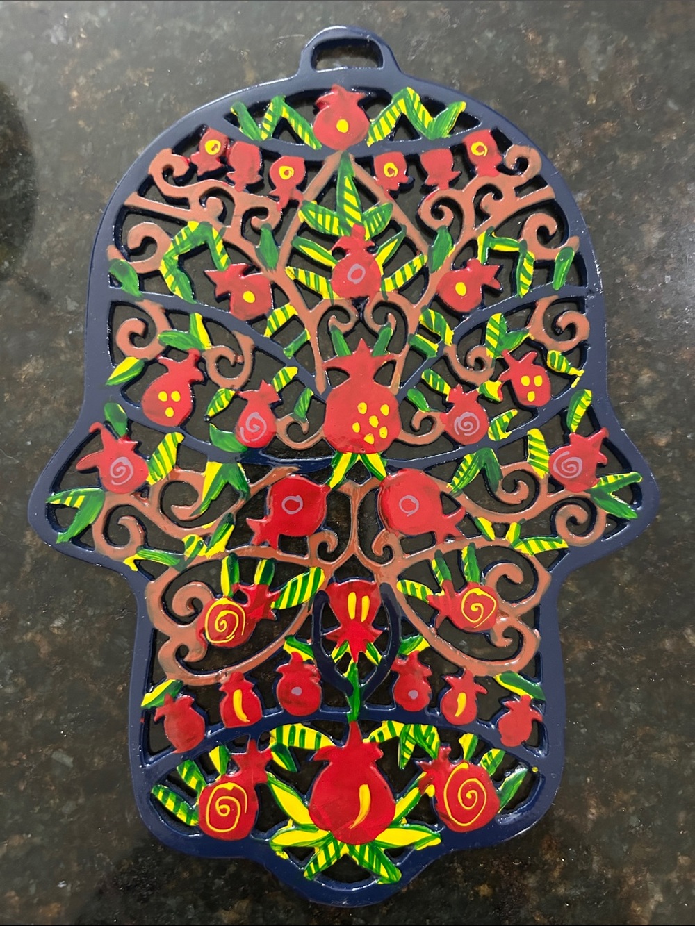 Hand-Painted Blue Hamsa Wall Art with Red Pomegranate Motif